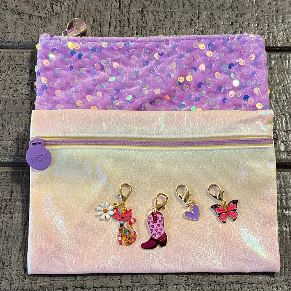 Ipsy Purple Sequin and Iridescent Kids Pouch with 4 Charms